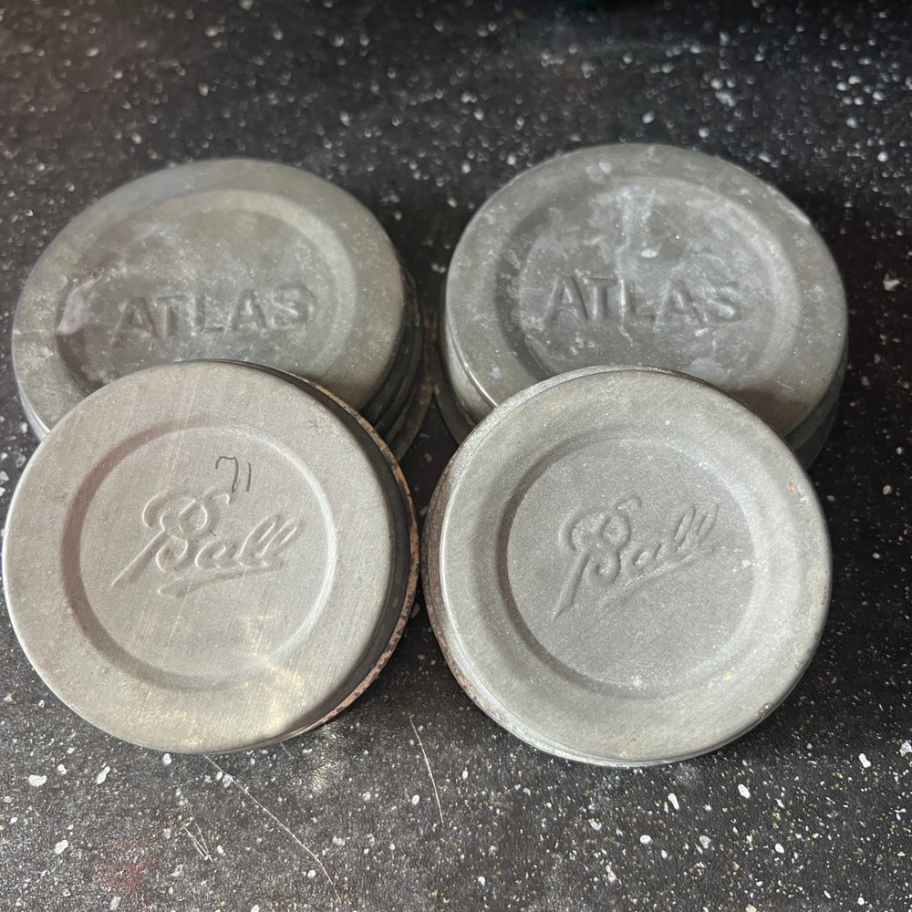 Ball and Atlas Vintage Zinc Canning Jar Lids with Milk Glass Liners Set of 4
